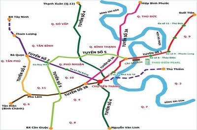 Light green line indicates Metro Route No. 5, to be built in HCMC Light green line indicates Metro Route No. 5, to be built in HCMC